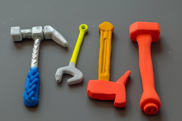Foto set aus plastikwerkzeugen, hammer, schraubenzieher