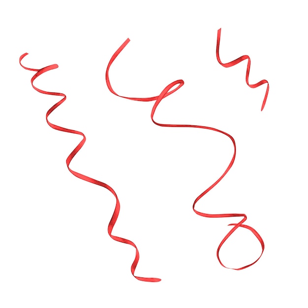 Foto set aus seiden- oder papierbändern in rot. handgezeichnete aquarell-illustration isoliert auf weißem hintergrund. band-geschenkverpackung, spiralband für symbol oder logo. zeichnung für designs und grüße