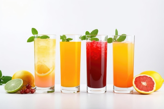 Set aus verschiedenen frischen Smoothies in Glas auf weißem Hintergrund