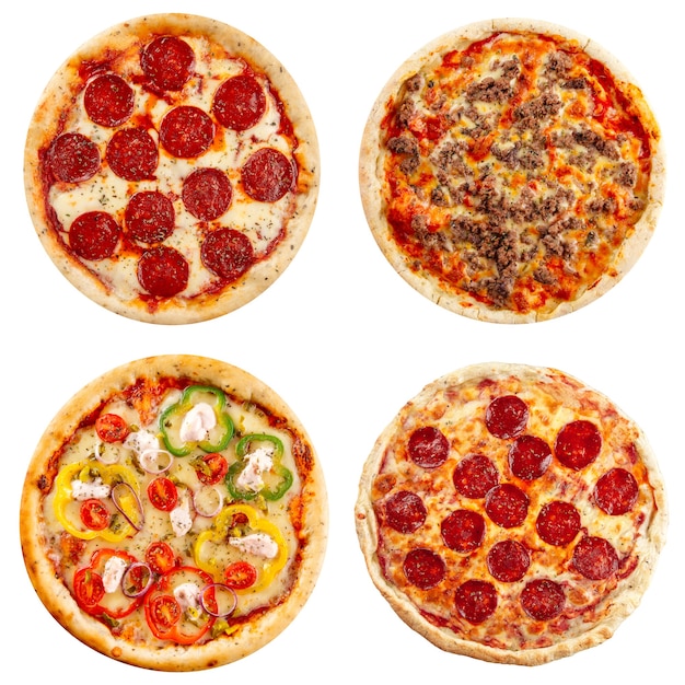 Set aus verschiedenen Pizzas Collage isoliert auf weiss