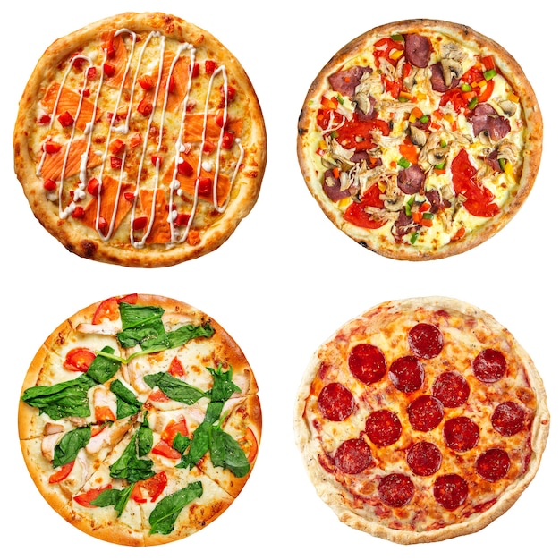 Set aus verschiedenen Pizzas Collage isoliert auf weiss