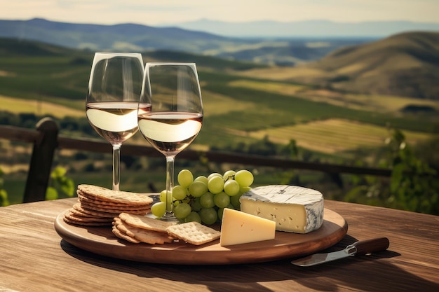 Set aus Weinglas und Käseplatte inmitten malerischer Weinberge. Generative KI