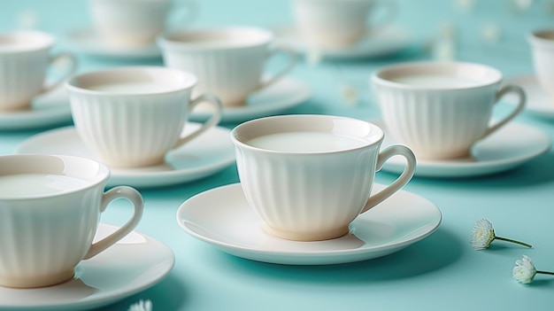 Set aus weißen Teekoppen auf einem pastellblauen Hintergrund