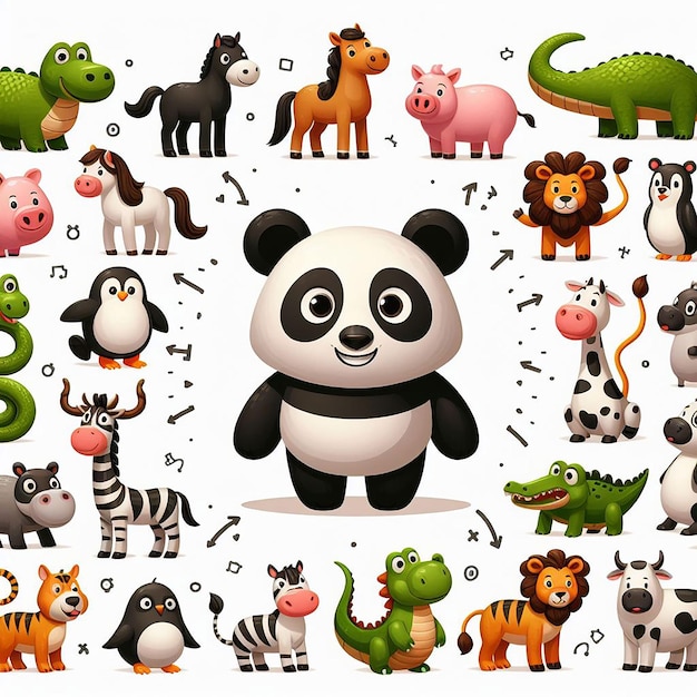 Foto set de animais bonitos de desenho animado 3d animais selvagens ai gerado