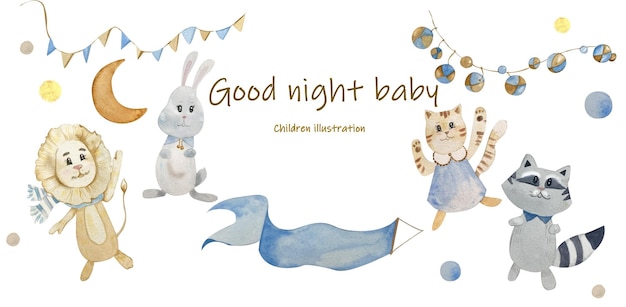 Set de aquarela Animais bonitos Guirlandas Bandeiras Leão Lebre Gato Raccoon Crianças Ilustração Beige e Azul Cores pastel para design Accessórios de quarto para crianças Roupas Cartões postais Álbuns de fotos