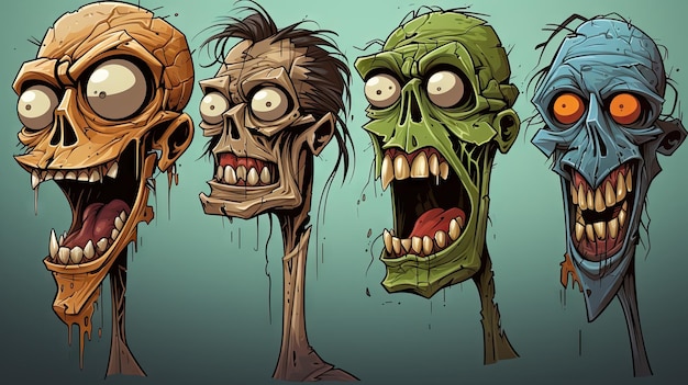 Set de cabeças de zumbis de desenhos animados Ilustração vetorial de personagens de terror