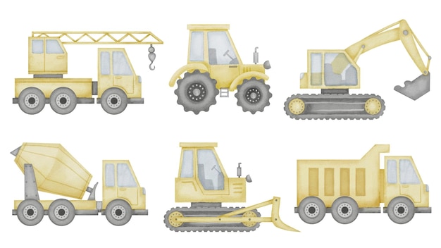 Set de caminhões Ilustração de aquarela de arte clip desenhada à mão de carros de brinquedo de bebê em fundo isolado Tractor com caminhão e desenho de misturador de concreto Esboço de guindaste automático com escavadeira e escavadeira