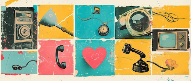 Set de cartões de saudação com textura grunge Retro y2k telefone botão antigo telefone móvel TV e megafone com símbolos de transmissão de amor e Dia dos Namorados Design moderno