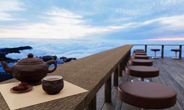 Foto set de chá de cerâmica e chá seco deixam em uma mesa e cadeira de madeira na varanda ou terraço feito de madeira montanha com mar de manhã de névoa e sol chá quente na atmosfera da montanha rendering 3d