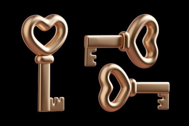 Set de chaves de ícones de desenho animado com elementos em forma de coração Chave do coração Amor e relacionamento renderização 3D