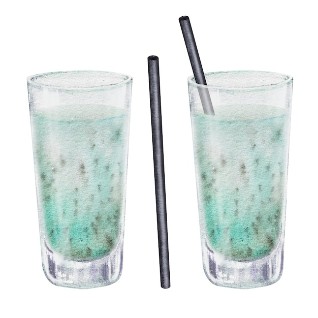 Set de coquetel de verão copos de vidro e copos com bebidas coloridas Ilustração de aquarela desenhada à mão para receitas de listas de bebidas alcoólicas com bebidas