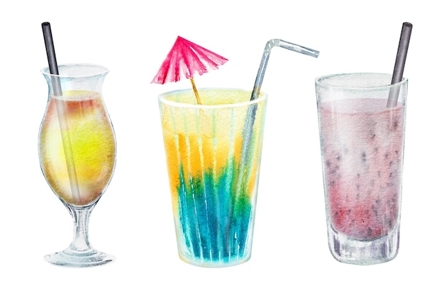 Set de coquetel de verão copos de vidro e copos com bebidas coloridas Ilustração de aquarela desenhada à mão para receitas de listas de bebidas alcoólicas com bebidas