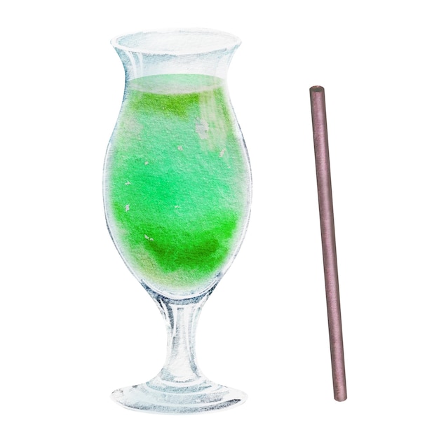Set de coquetel de verão copos de vidro e copos com bebidas coloridas Ilustração de aquarela desenhada à mão para receitas de listas de bebidas alcoólicas com bebidas