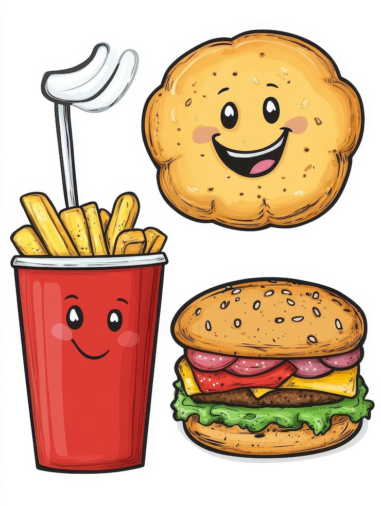 Foto set de fast food de desenhos animados com rostos sorridente