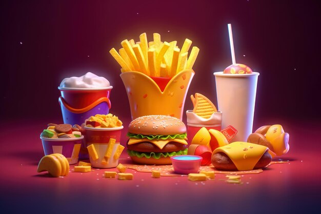 Set de fast food hambúrguer e ícone criado com tecnologia de IA generativa