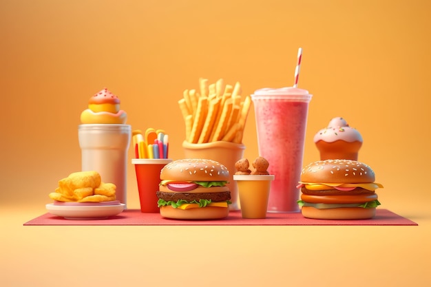 Foto set de fast food hambúrguer e ícone criado com tecnologia de ia generativa