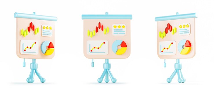 Foto set de flipchart 3d com gráficos e diagramas infográficos vista lateral frontal quadro branco em tripé para apresentação de negócios de dados estatísticos e analíticos ícone de renderização isolado de desenho animado