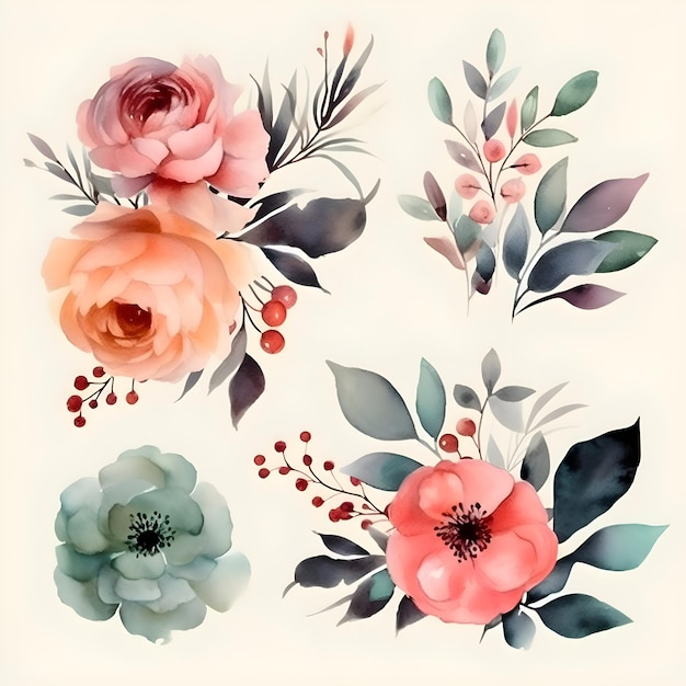 Foto set de flores aquareladas elementos de design floral desenhados à mão ilustração vetorial