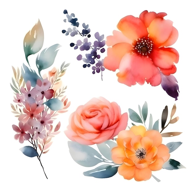 Set de flores aquareladas Ilustração pintada à mão isolada em fundo branco