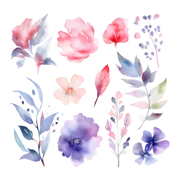 Foto set de flores aquareladas ilustração pintada à mão isolada em fundo branco