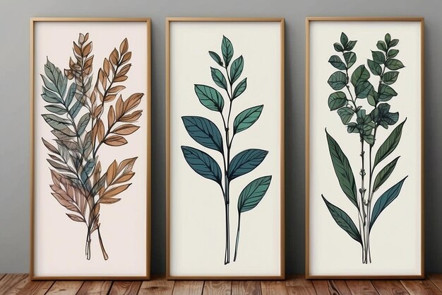 Set de fundo vetorial de arte de parede botânica desenho de arte de linha de folhagem com aquarela abstracto design de arte vegetal para impressões emolduradas em parede impressões em tela