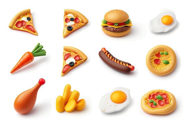 Set de ícones de comida 3D Fast food renderização realista de desenho animado coleção vetorial com pizza perna de frango ovo batatas fritas cachorro-quente cenoura não Texto ar 32 iw 2 v 6 ID de trabalho b3b6b58d783049c98cd837de65e36d14