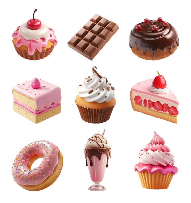 Foto set de ícones de comida doce 3d torta cupcake milkshake chocolate donut ai generative