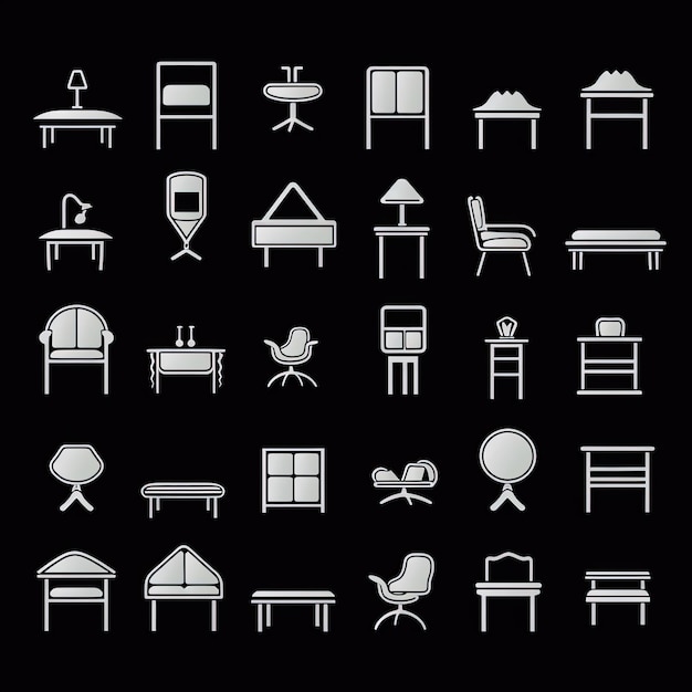 Foto set de ícones de móveis branco sobre fundo preto ilustração vetorial