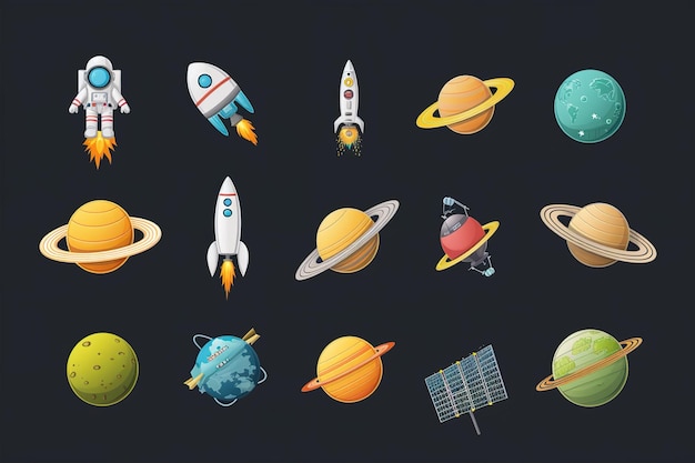 Set de ícones vetoriais espaciais 3D Planeta astronauta foguete satélite disco voador desenho animado de cometa