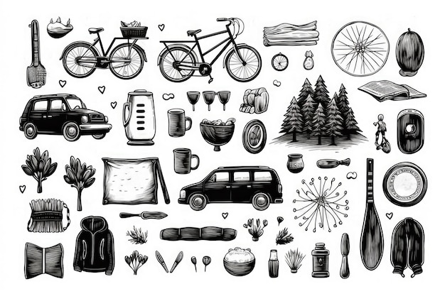 Set de ilustrações de desenhos de tinta de viagens e explorações de elementos de férias de turismo, caminhadas