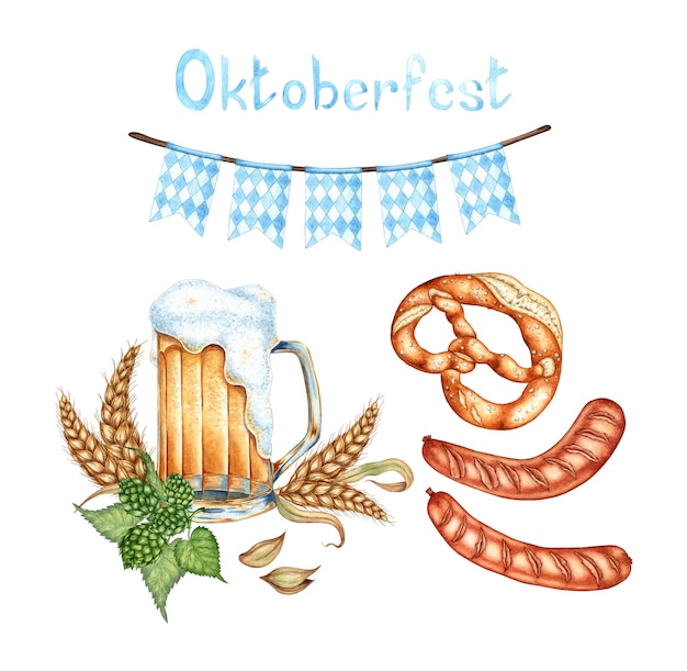 Foto set de ilustrações em aquarela da oktoberfest bandeiras de letras xícara de cerveja com espuma salsicha lúpulo orelhas de trigo e pretzel festival de colheita festival de cerveja composições para cartazes cartões bandeiras panfletos