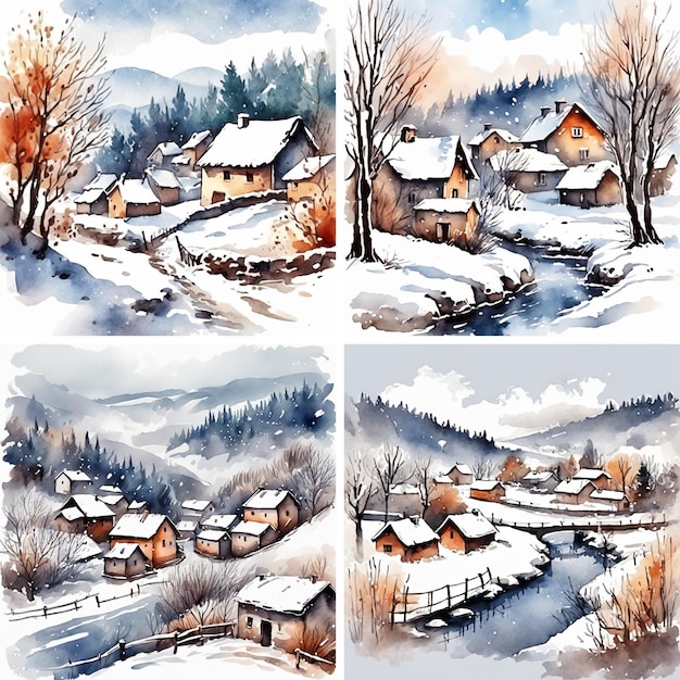 Set de inverno na aldeia Aquarela ilustração pintada à mão