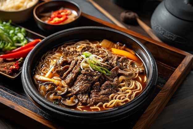 Foto set de macarrão de carne coreano com cogumelos e pimenta 2