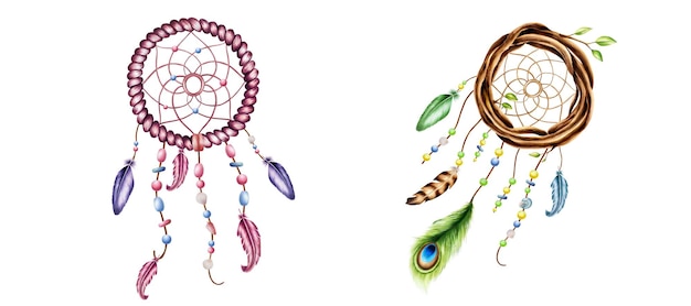 Set de marcadores ilustrações de coroa de vime de madeira étnica tecido de aro de salgueiro caçadores de sonhos de galhos wit