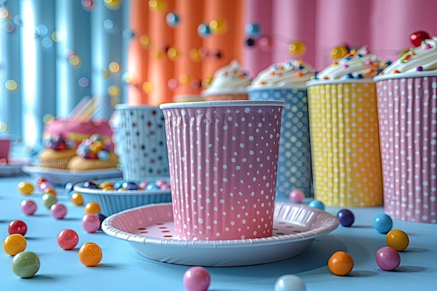 Set de mesa de festa com pratos coloridos, guardanapos e copos com fundo de cor sólida 4k ultra hd