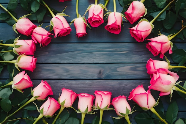 Set de mesa de madeira com rosas de verão cor-de-rosa vibrantes