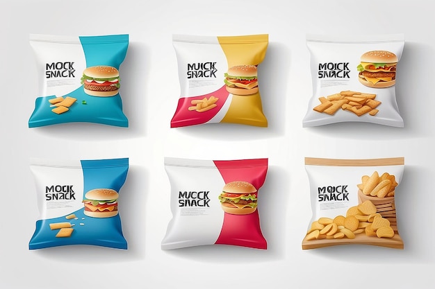 Set de modelos de sacos de almofadas de lanches de alimentos Ilustração vetorial isolada em fundo branco