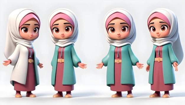 Set de personagens 3D garota vestindo hijab corpo inteiro fundo branco várias expressões faciais