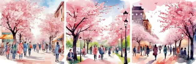 Set de primavera veio para as ruas da cidade aquarela ilustração pintada à mão