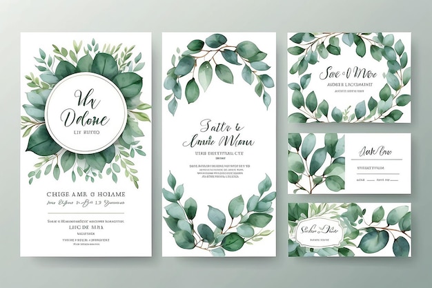 Set de vetores de aquarela modelo de cartão de convite de casamento com folhas de eucalipto verde Ilustração para cartões guardar a data design de saudação convite floral