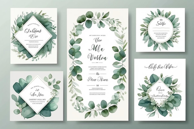 Set de vetores de aquarela modelo de cartão de convite de casamento com folhas de eucalipto verde Ilustração para cartões guardar a data design de saudação convite floral