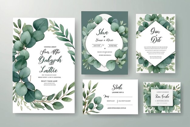 Set de vetores de aquarela modelo de cartão de convite de casamento com folhas de eucalipto verde Ilustração para cartões guardar a data design de saudação convite floral