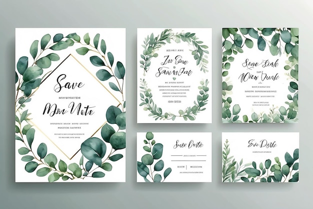 Set de vetores de aquarela modelo de cartão de convite de casamento com folhas de eucalipto verde Ilustração para cartões guardar a data design de saudação convite floral