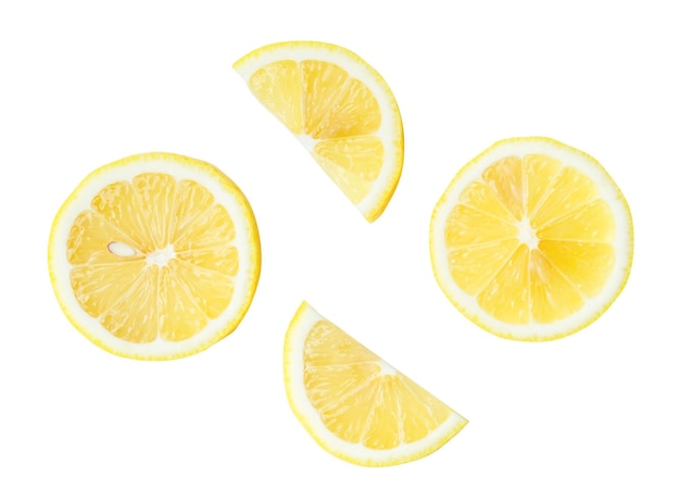 Set de vista superior de metade de limão amarelo com fatias isoladas em fundo branco com caminho de corte