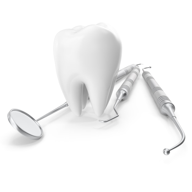 Set dental, espejo, sonda, con diente, concepto cuidado aislado sobre fondo blanco, 3D rendering