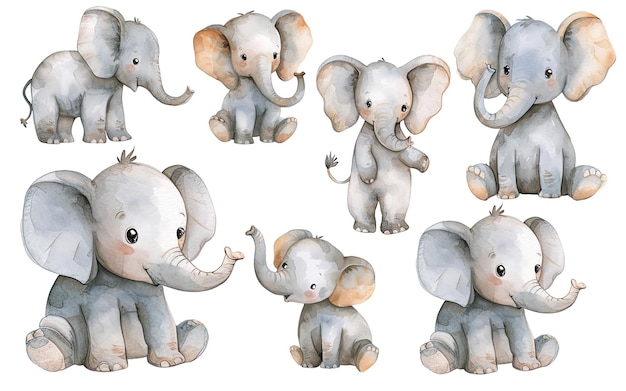 Set Enchanting Aquarela bebê elefante posa coleção adorável brincalhão e caprichoso vetor