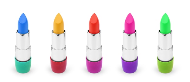 Set Farblippenstifte. Roter Lippenstift, rosa Lippenstift, orangefarbener Lippenstift, Weinlippenstift. Roter Lippenstift-Set isoliert auf weißem Hintergrund