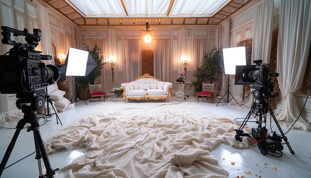 Un set de filmación con dos cámaras, luces y un sofá blanco en una habitación decorada