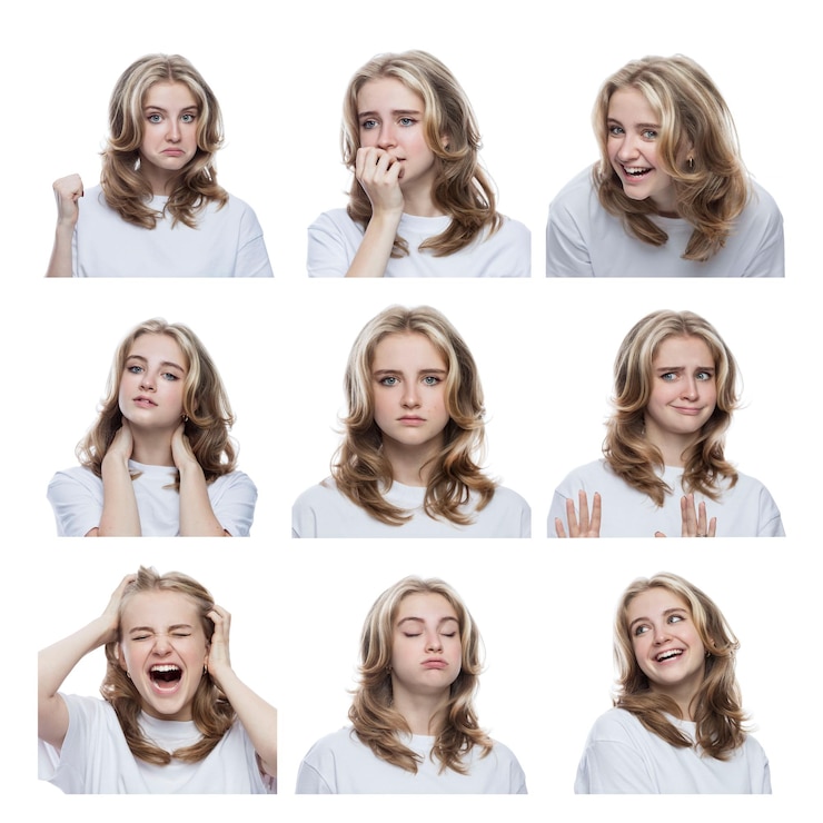 Foto set foto eines teenager-mädchens in einem weißen t-shirt mit verschiedenen emotionen traurigkeit wut freude glück lachen isoliert auf weißem hintergrund quadratisches format collage