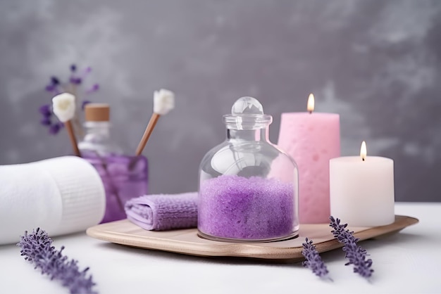 Set für Spa-Behandlungen, Kerze, Lavendelblüten, Handtuch, gemütlicher, entspannender Salon, erzeugt ua